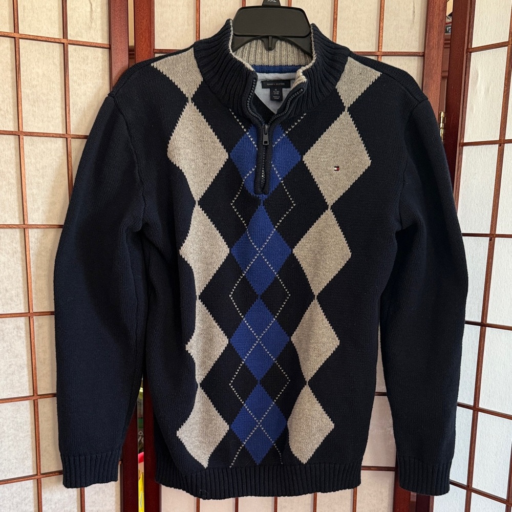 Tommy Hilfiger Kid’s Blue & Gray Argyle Quarter Zip  Sweater, Size XL 20
